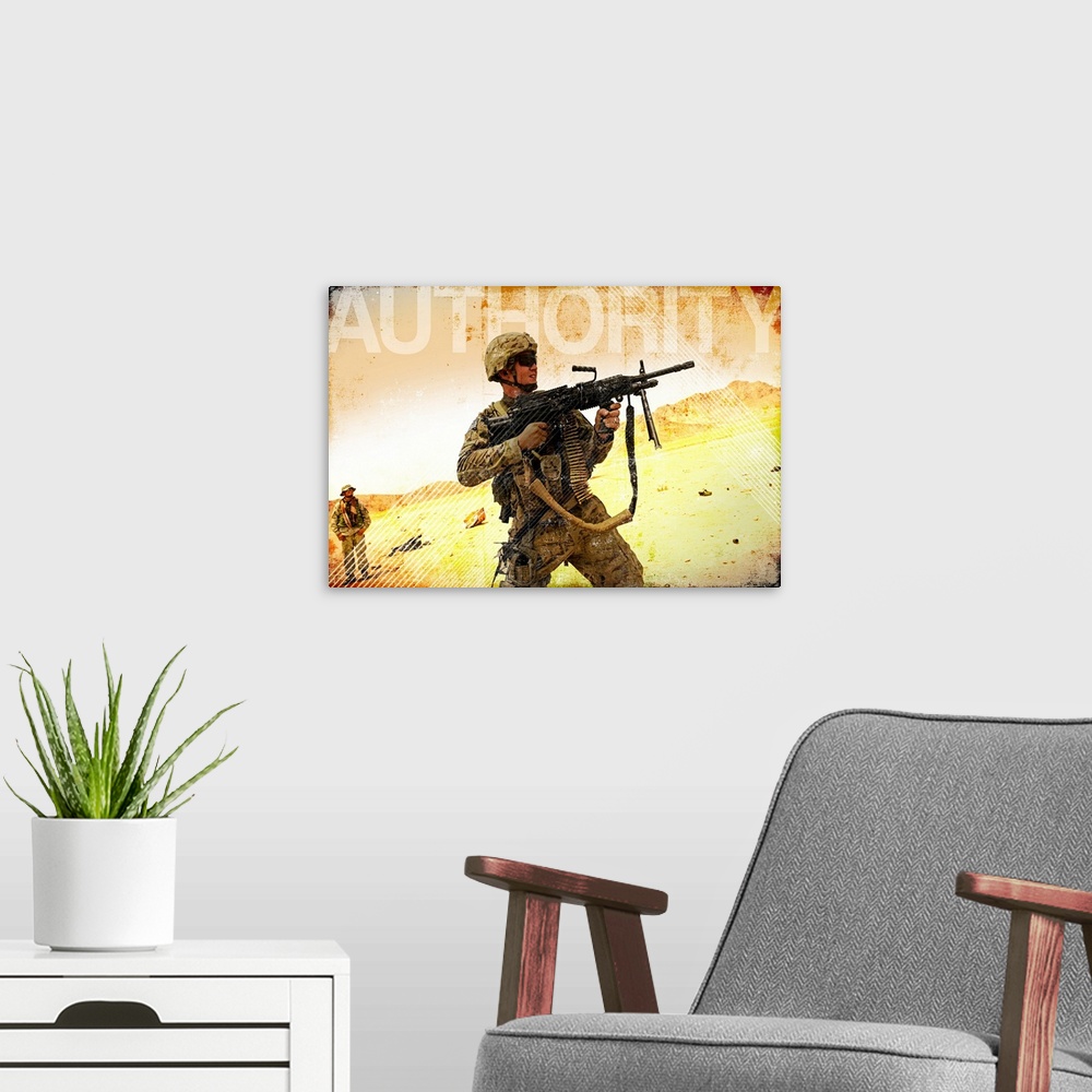 A modern room featuring A soldier attached to Laghman Provincial Reconstruction Team, fires his Mk-48 machine gun at wood...