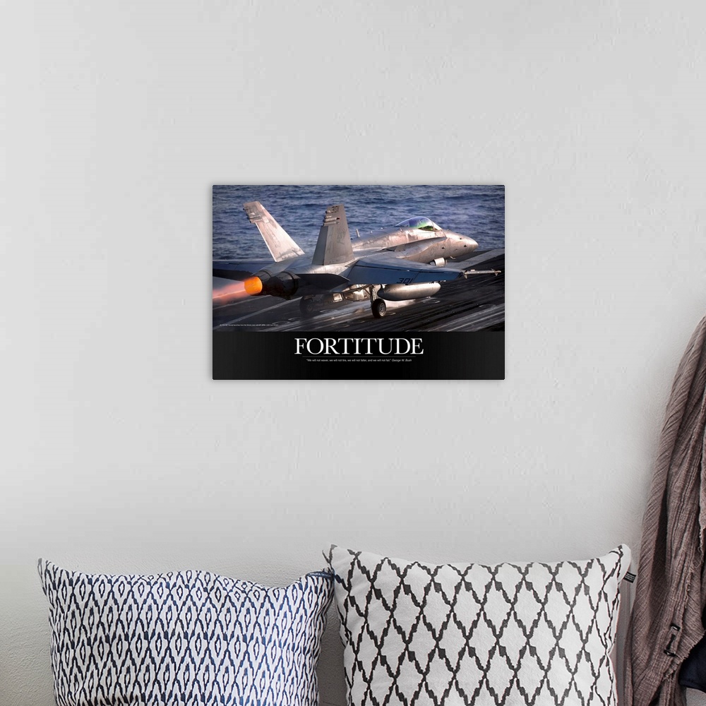A bohemian room featuring Military Motivational Poster: An F/A-18C Hornet launches from the aircraft carrier