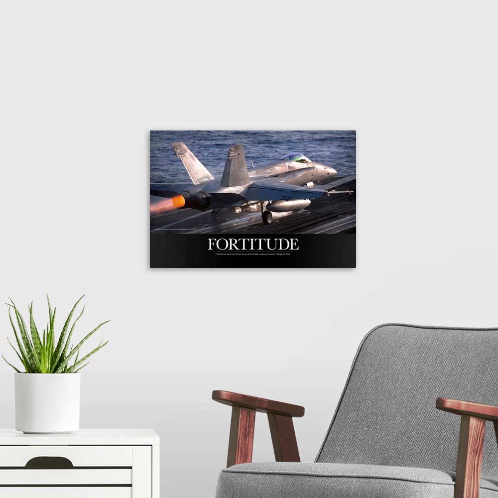 A modern room featuring Military Motivational Poster: An F/A-18C Hornet launches from the aircraft carrier