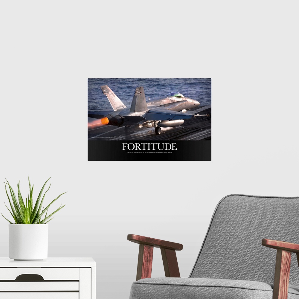 A modern room featuring Military Motivational Poster: An F/A-18C Hornet launches from the aircraft carrier