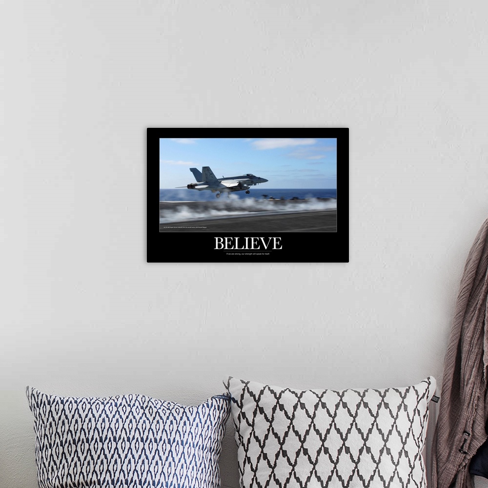 A bohemian room featuring Military Motivational Poster: An F/A-18E Super Hornet catapults from an aircraft carrier