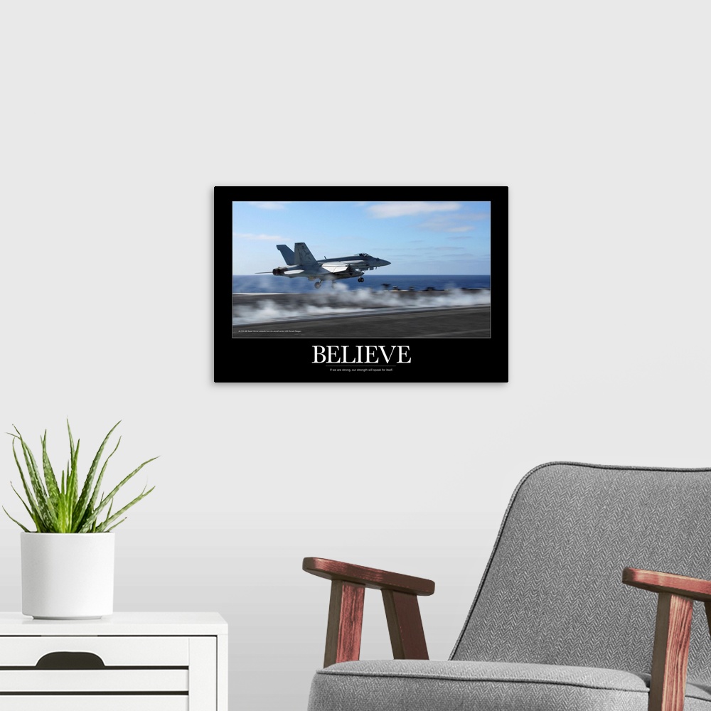 A modern room featuring Military Motivational Poster: An F/A-18E Super Hornet catapults from an aircraft carrier