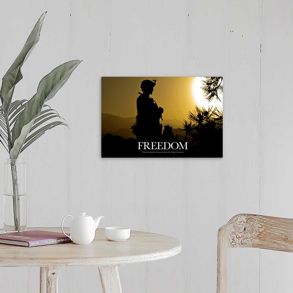 A farmhouse room featuring Inspirational artwork for freedom showing the silhouette of a standing soldier created by the set...