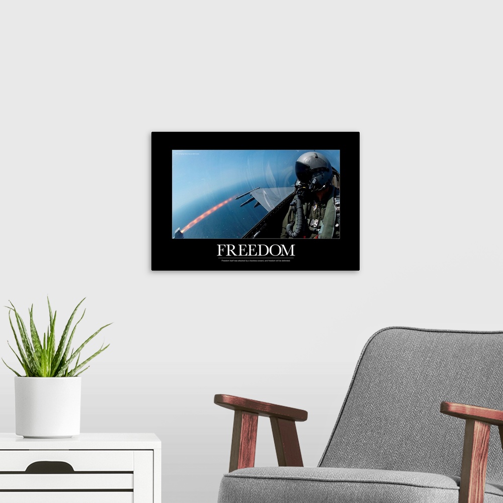 A modern room featuring Military Motivational Poster: Freedom Will Be Defended