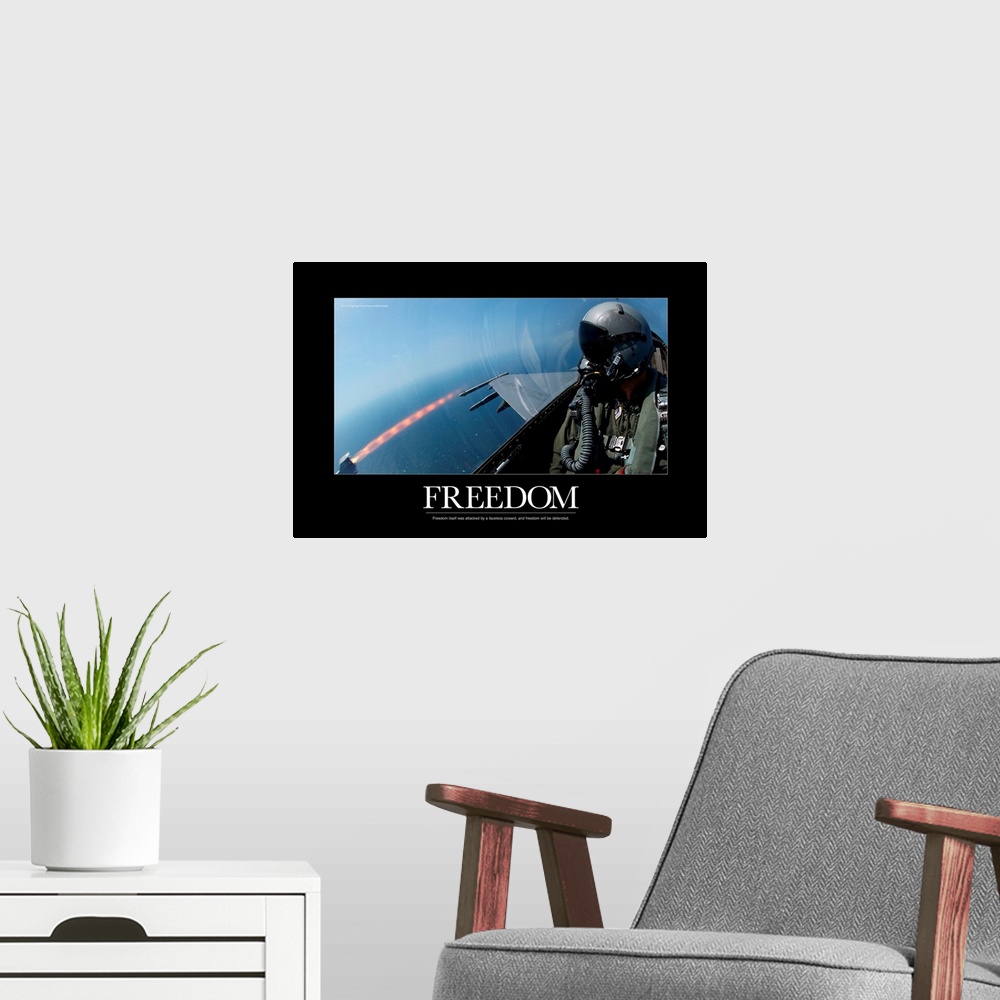 A modern room featuring Military Motivational Poster: Freedom Will Be Defended