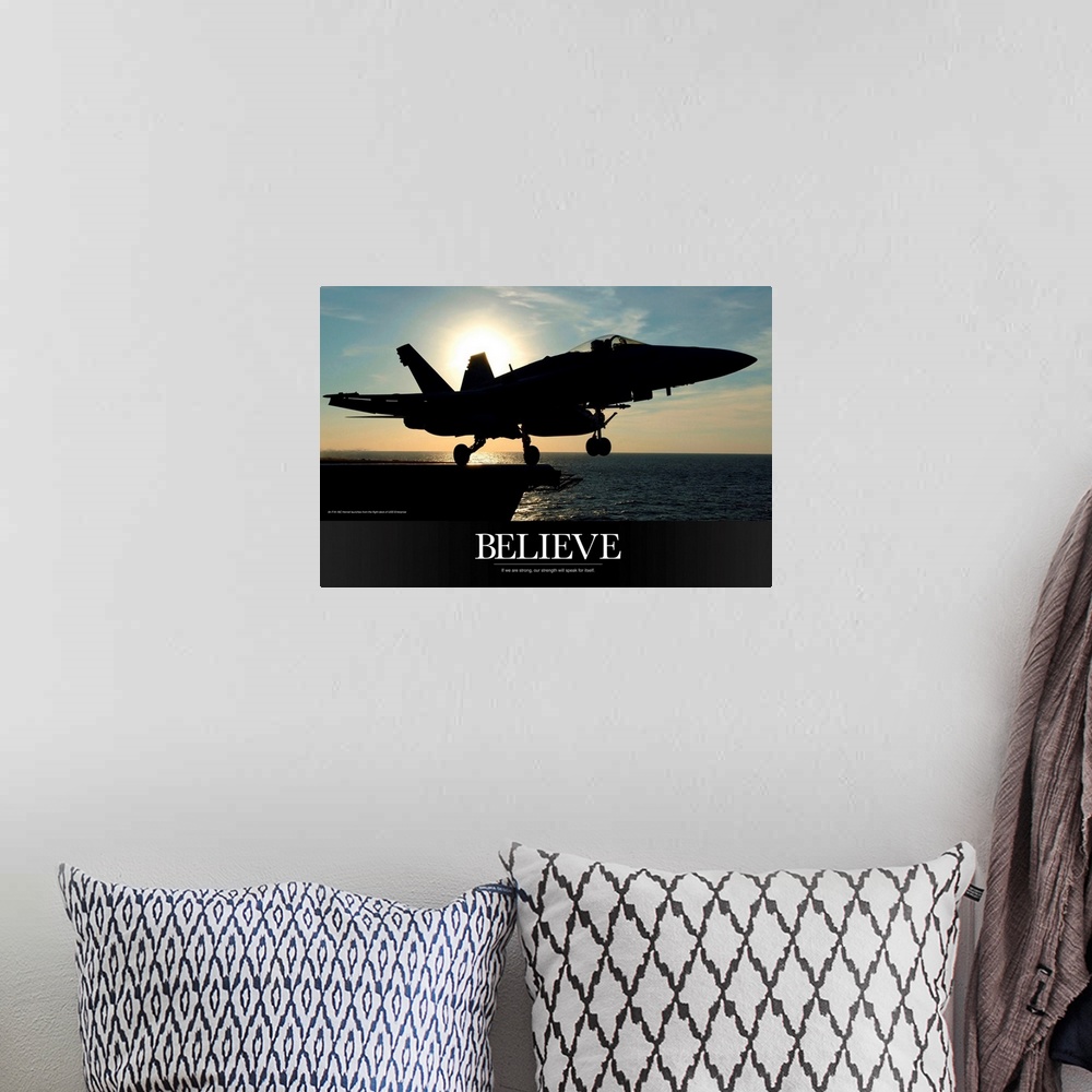 A bohemian room featuring Military Motivational Poster: If We Are Strong, Our Strength Will Speak For Itself