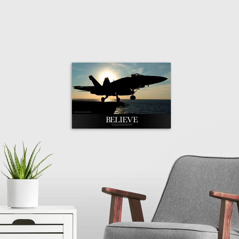 A modern room featuring Military Motivational Poster: If We Are Strong, Our Strength Will Speak For Itself
