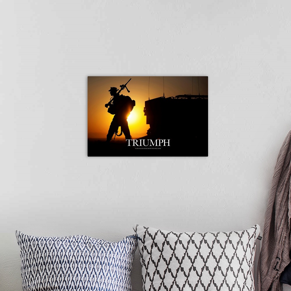 A bohemian room featuring Military Motivational Poster: It is the one who endures that the final victory comes