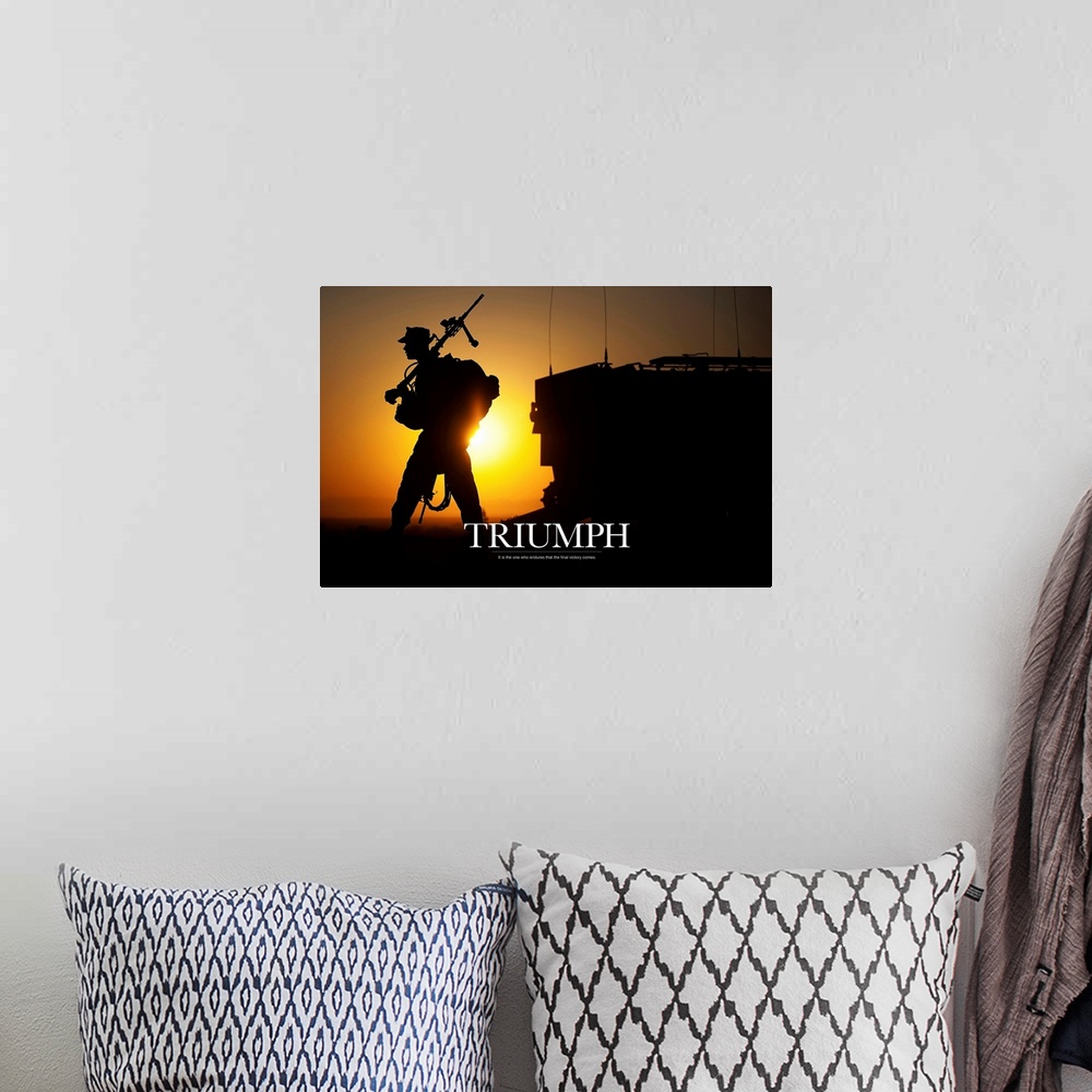 A bohemian room featuring Military Motivational Poster: It is the one who endures that the final victory comes