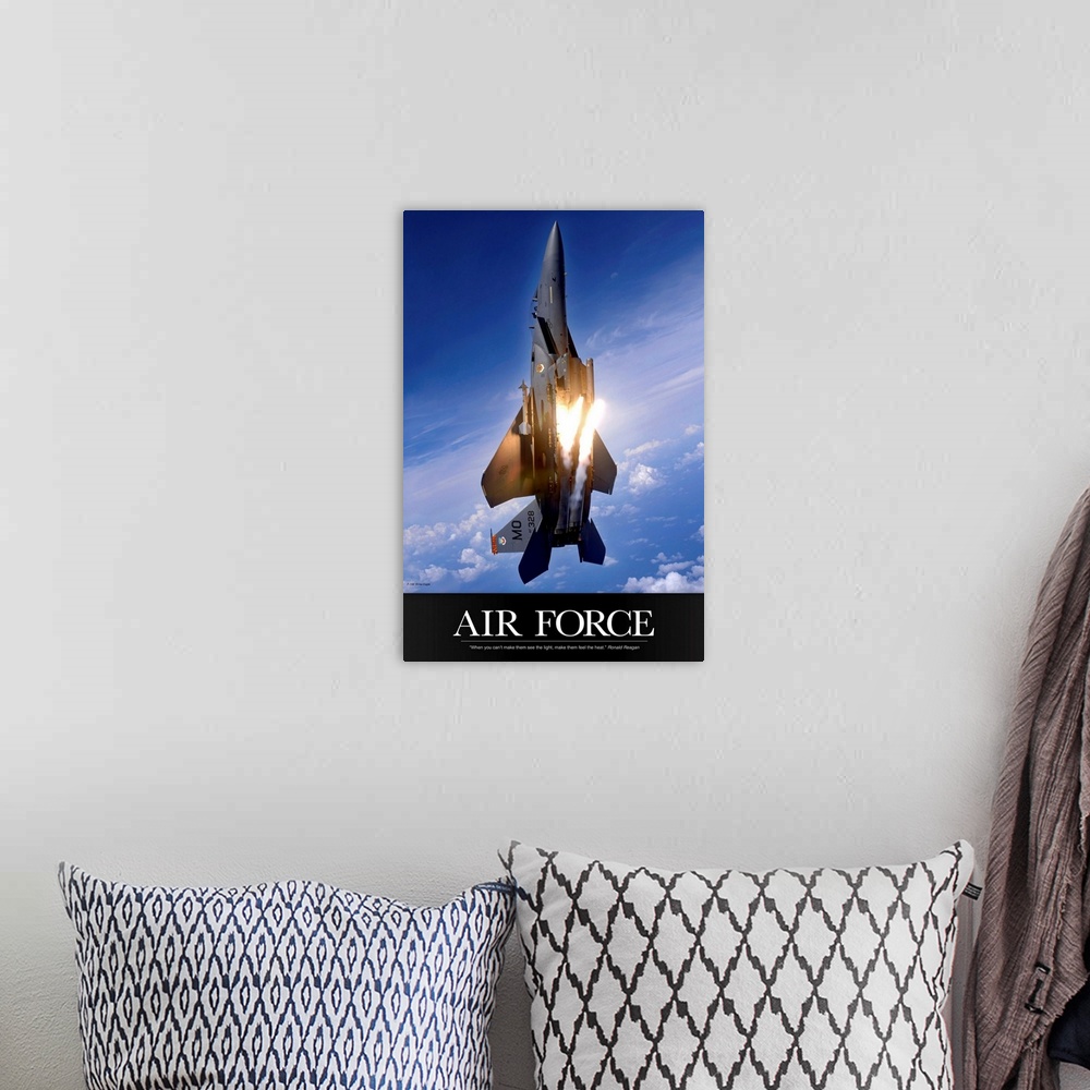 A bohemian room featuring Military Poster: An F-15E Strike Eagle pops flares