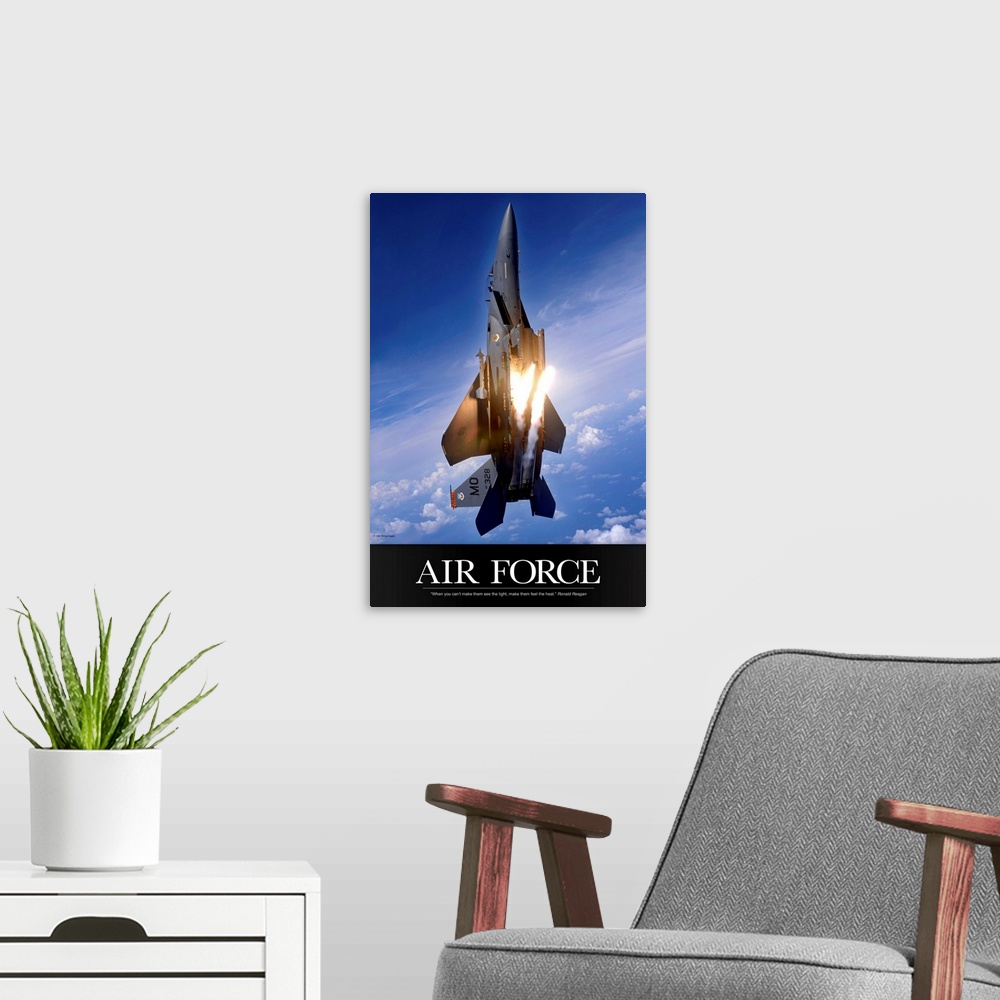 A modern room featuring Military Poster: An F-15E Strike Eagle pops flares