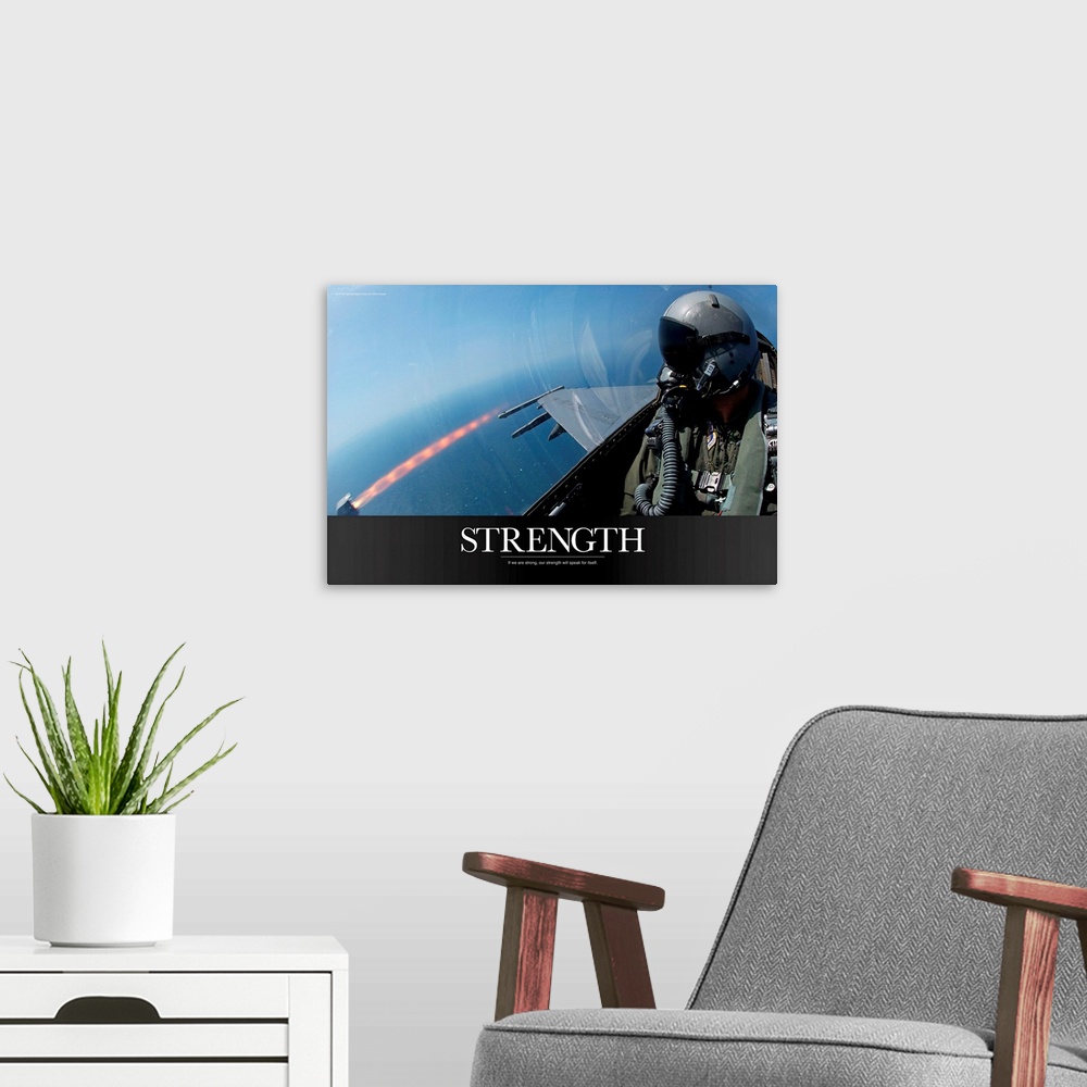 A modern room featuring Military Poster: An F-16 Fighting Falcon fires an AIM-9 missile