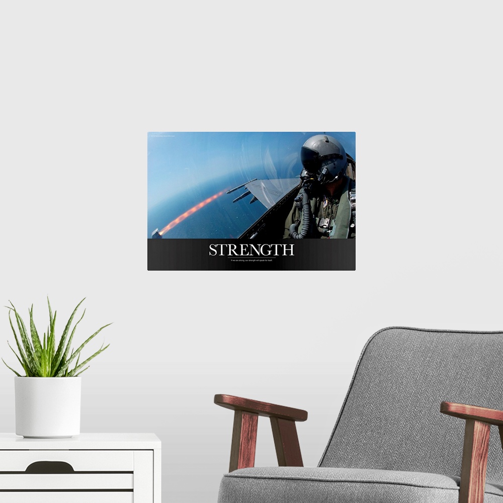 A modern room featuring Military Poster: An F-16 Fighting Falcon fires an AIM-9 missile