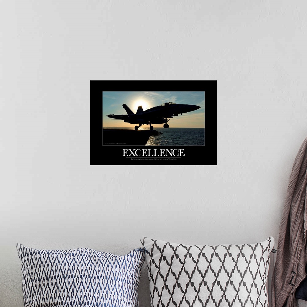 A bohemian room featuring Military Poster: An F/A-18C Hornet launches from the flight deck of USS Enterprise
