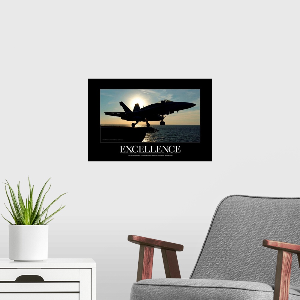 A modern room featuring Military Poster: An F/A-18C Hornet launches from the flight deck of USS Enterprise