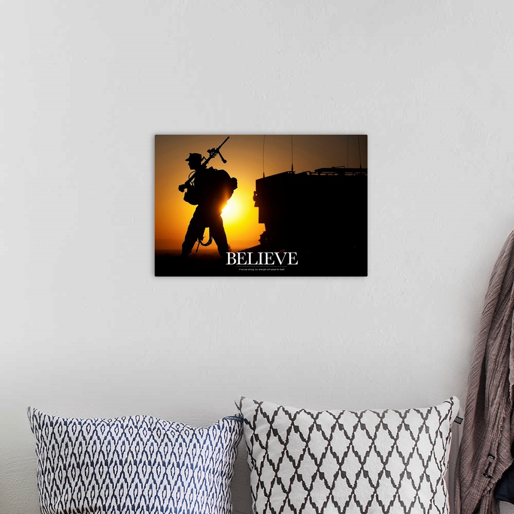 A bohemian room featuring Military Poster: Believe