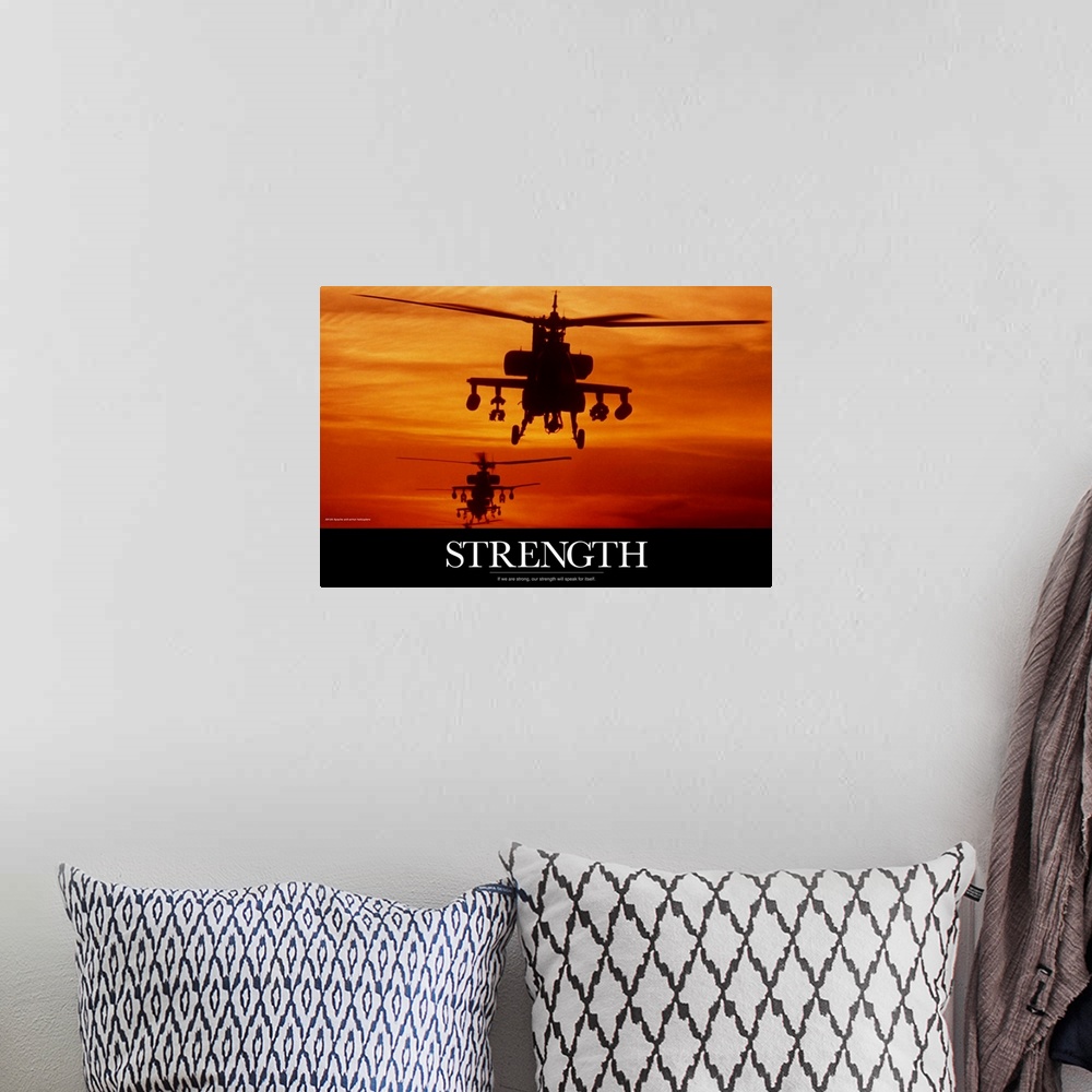 A bohemian room featuring Three military helicopters are photographed during a sunset and has the word "Strength" written i...