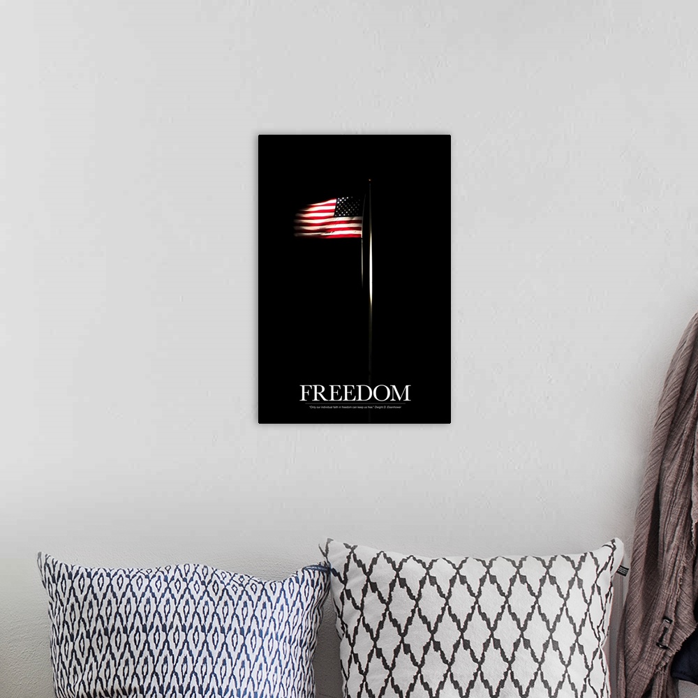 A bohemian room featuring Vertical photo on canvas of an American flag shining through the dark background with text at the...