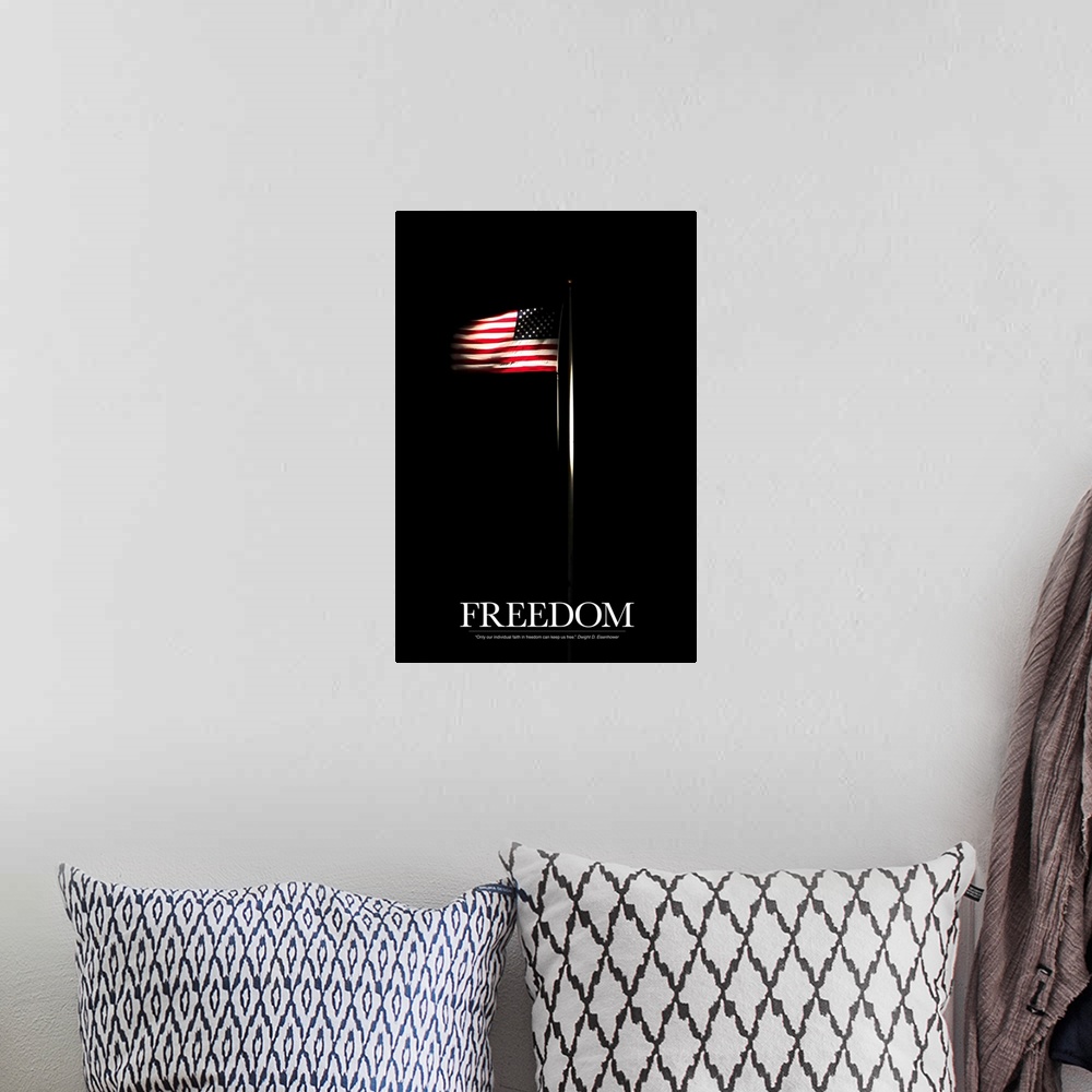 A bohemian room featuring Vertical photo on canvas of an American flag shining through the dark background with text at the...