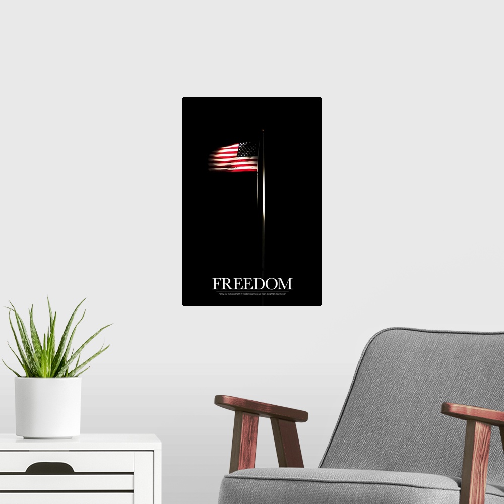 A modern room featuring Vertical photo on canvas of an American flag shining through the dark background with text at the...