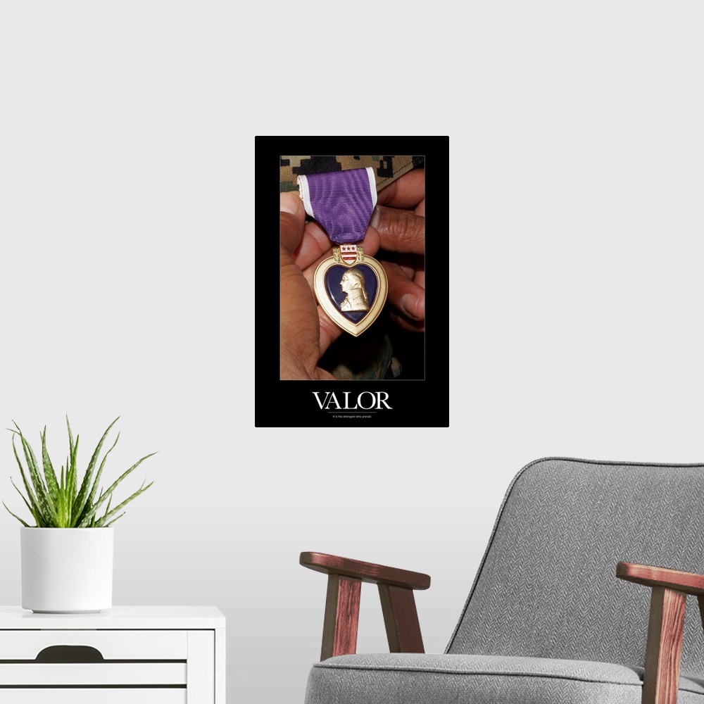 A modern room featuring Military Poster: Holding purple heart