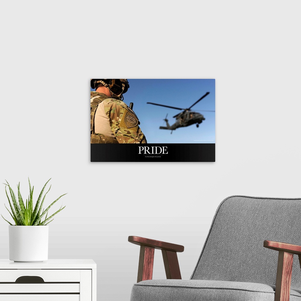 A modern room featuring Military Poster: It is the strongest who prevail