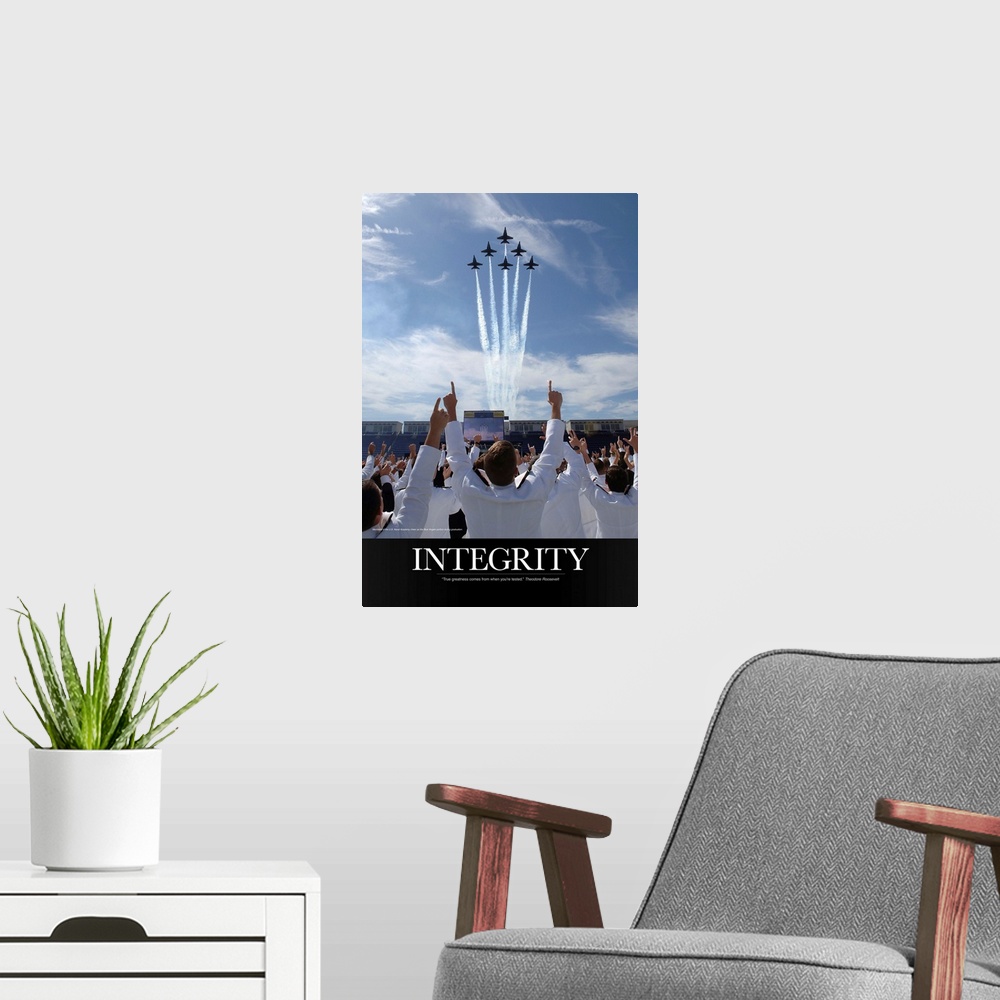 A modern room featuring Military Poster: Members of the U.S. Naval Academy cheer as the Blue Angels perform