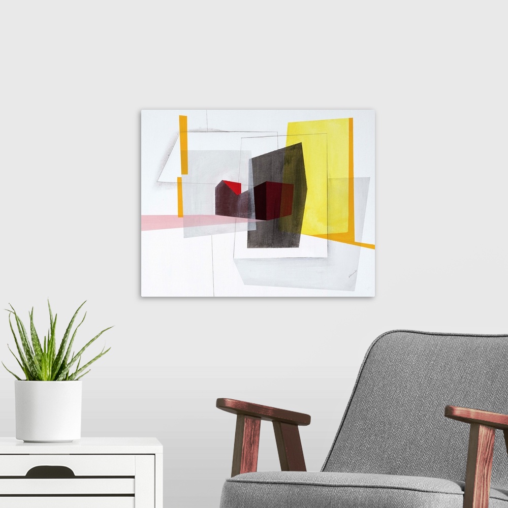 A modern room featuring Contemporary artwork using geometric shapes and sharp lines to create an energetic, yet structure...