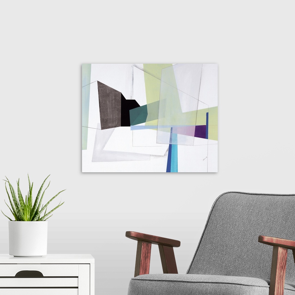 A modern room featuring Contemporary artwork using geometric shapes and sharp lines to create an energetic, yet structure...