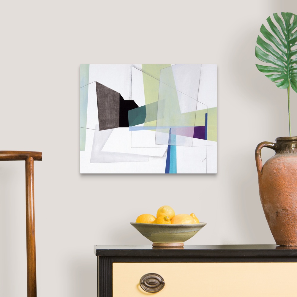 A traditional room featuring Contemporary artwork using geometric shapes and sharp lines to create an energetic, yet structure...