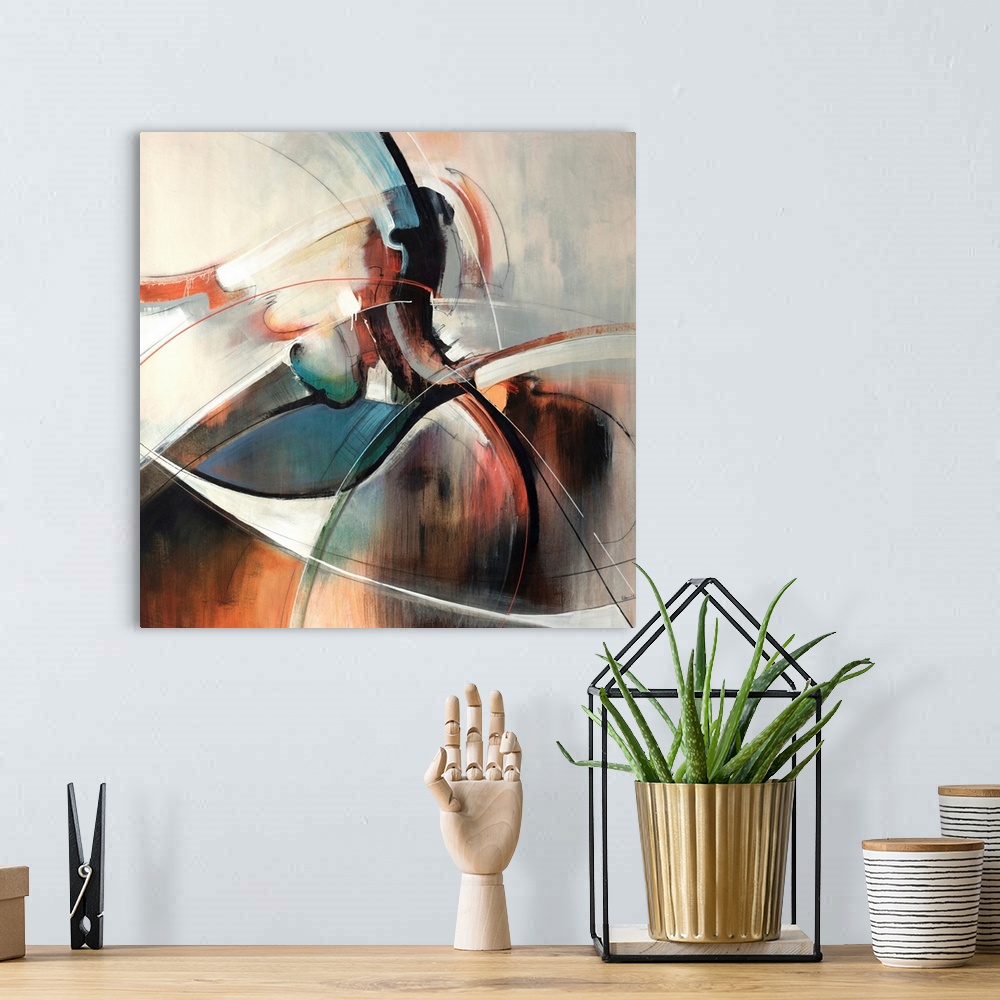 A bohemian room featuring This contemporary painting is an abstract blend and swirl of shapes on square shaped wall art.