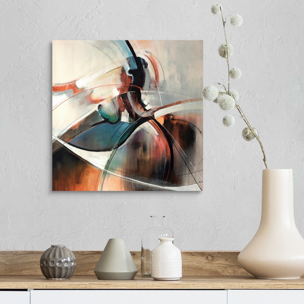 A farmhouse room featuring This contemporary painting is an abstract blend and swirl of shapes on square shaped wall art.