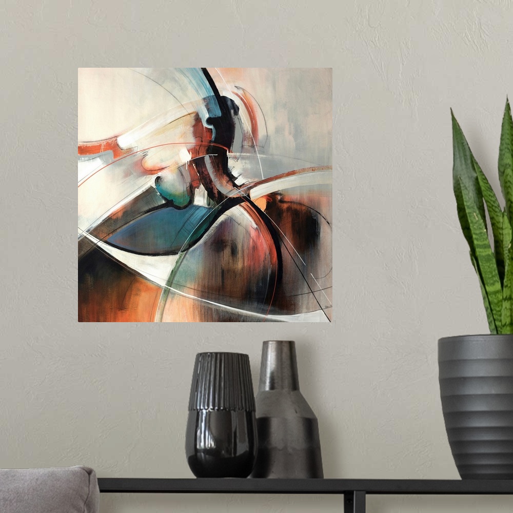 A modern room featuring This contemporary painting is an abstract blend and swirl of shapes on square shaped wall art.