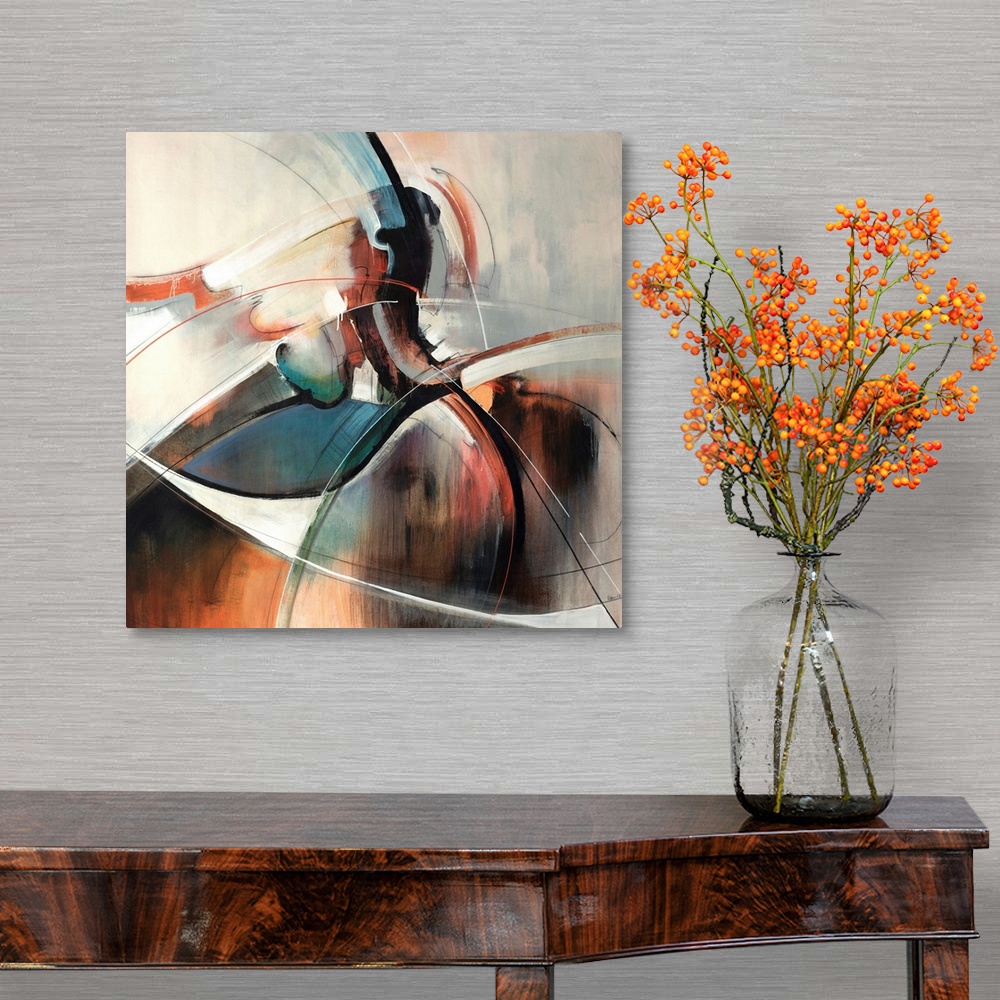 A traditional room featuring This contemporary painting is an abstract blend and swirl of shapes on square shaped wall art.