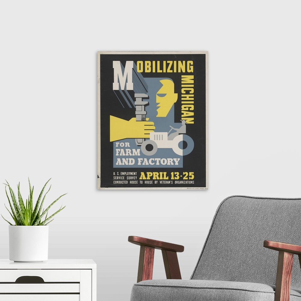 A modern room featuring Artwork announcing employment opportunities for farm and industrial laborers in Michigan, showing...