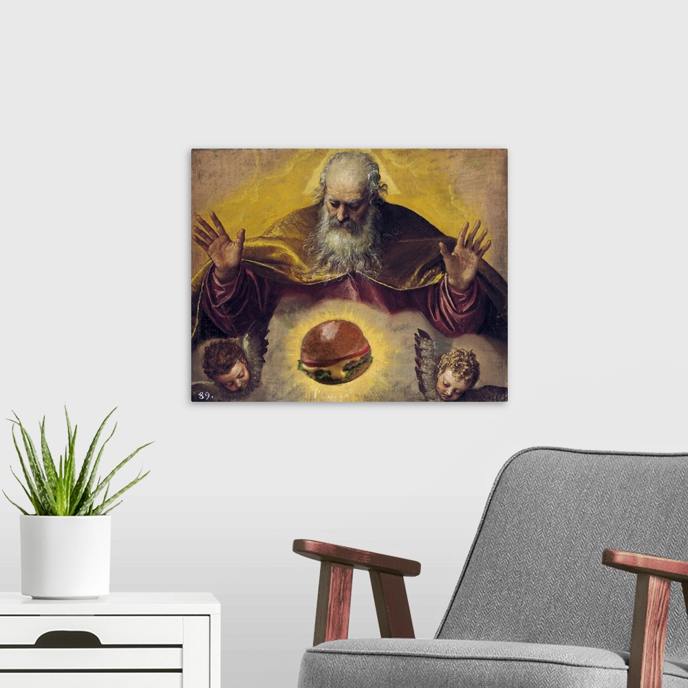 A modern room featuring A Modern version of The Eternal Father by Veronese, with a hamburger.
