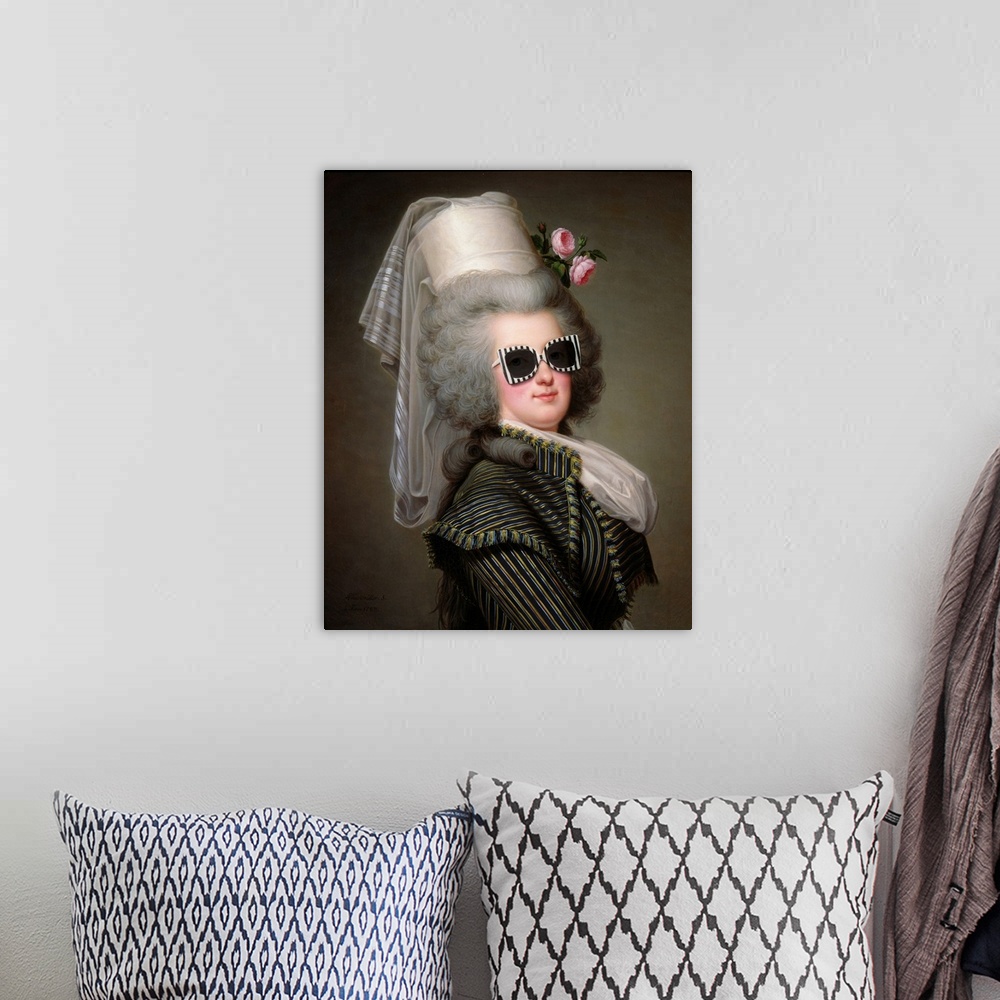 A bohemian room featuring A modern version of a portrait of Marie-Antoinette in sunglasses.
