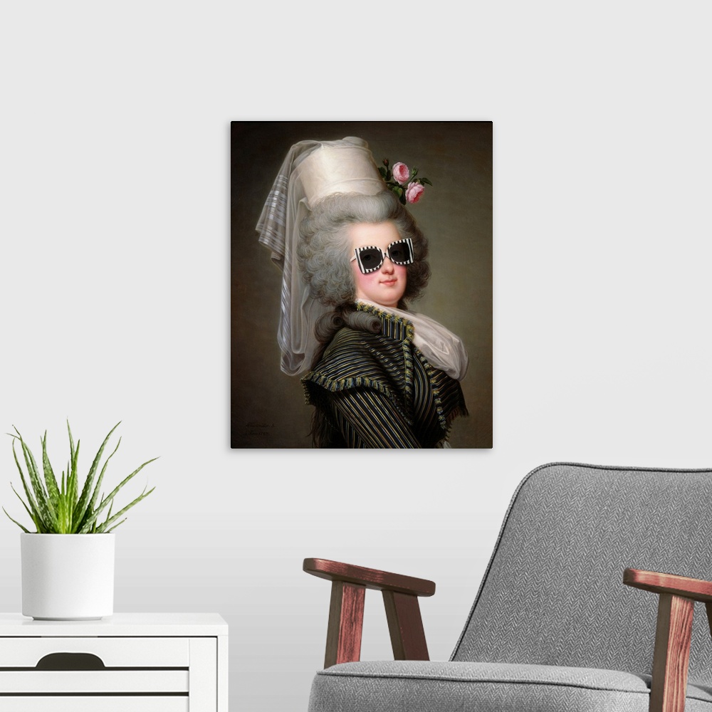 A modern room featuring A modern version of a portrait of Marie-Antoinette in sunglasses.