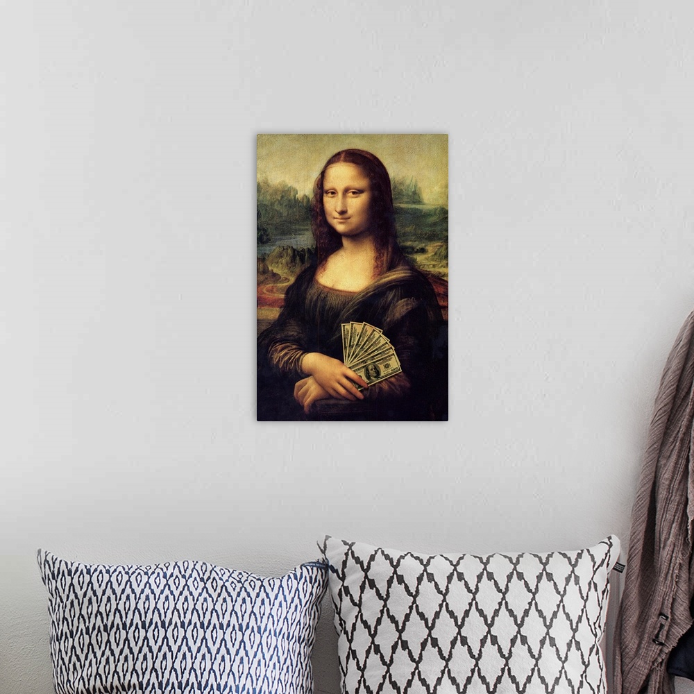 A bohemian room featuring Mona Lisa fanning a stack of one hundred dollar bills.