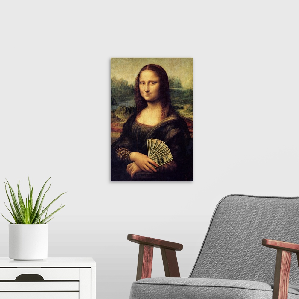 A modern room featuring Mona Lisa fanning a stack of one hundred dollar bills.