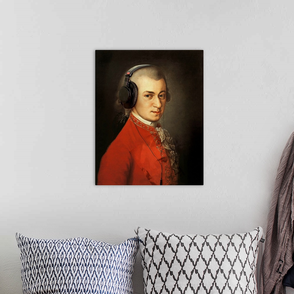 A bohemian room featuring A modern portrait of Wolfgang Amadeus Mozart with headphones.