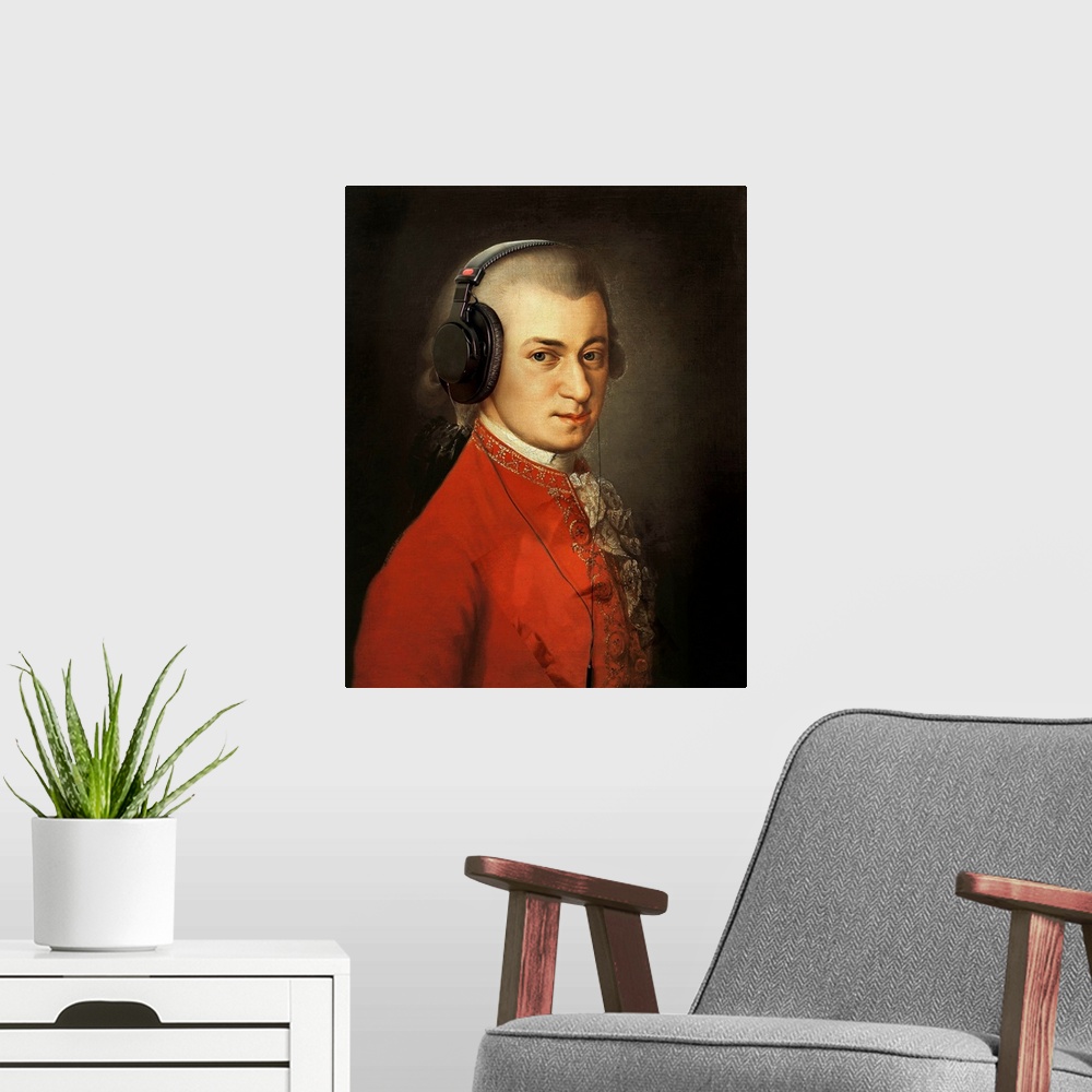 A modern room featuring A modern portrait of Wolfgang Amadeus Mozart with headphones.