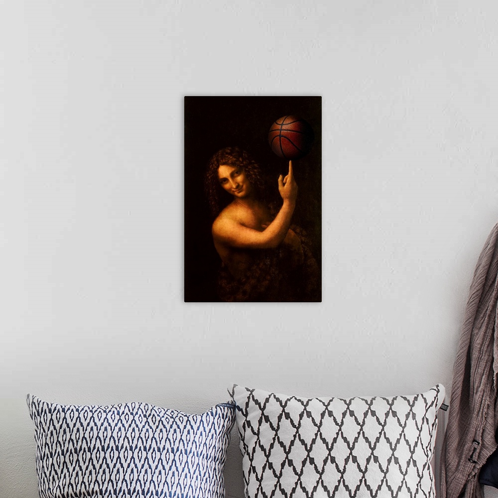 A bohemian room featuring A modern version of St. John the Baptist by Leonardo da Vinci, with a basketball.