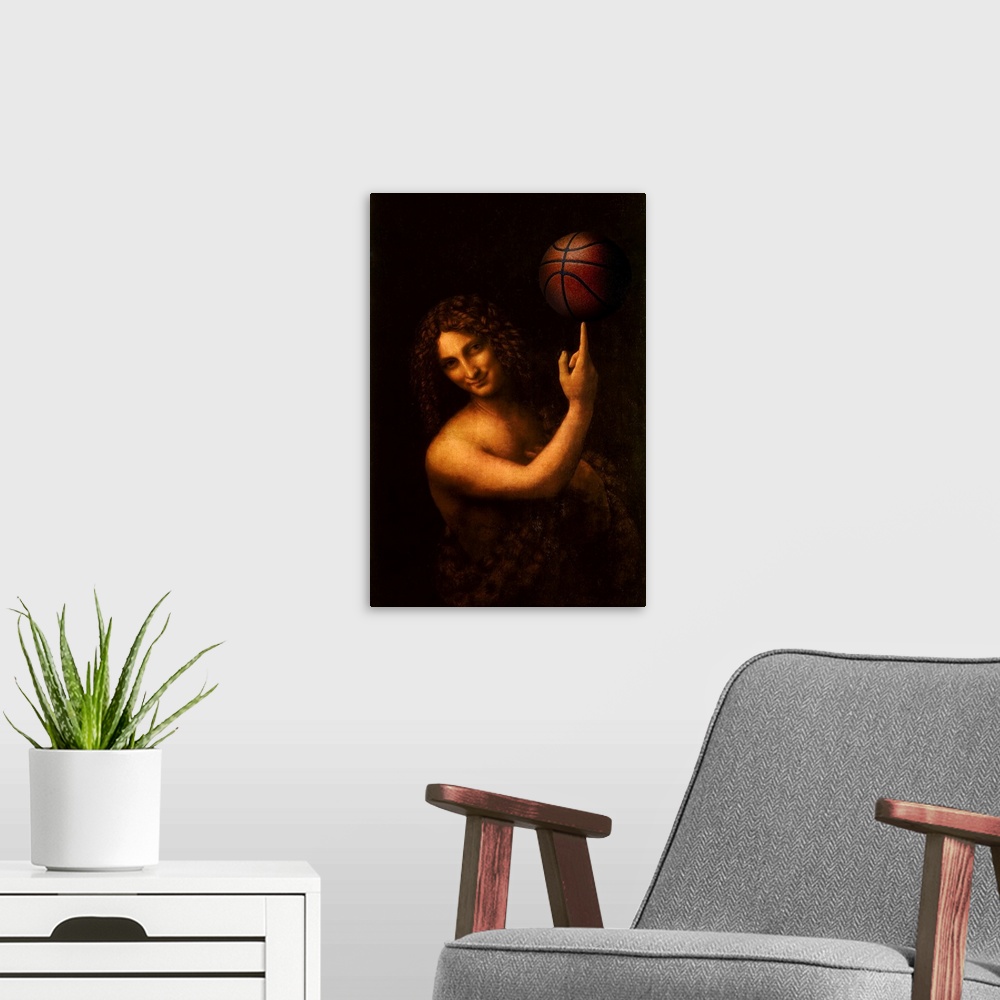 A modern room featuring A modern version of St. John the Baptist by Leonardo da Vinci, with a basketball.