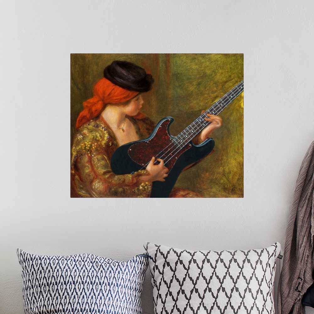 A bohemian room featuring A modern take of the painting Young Spanish Woman with a Guitar by  Pierre Auguste Renoir.