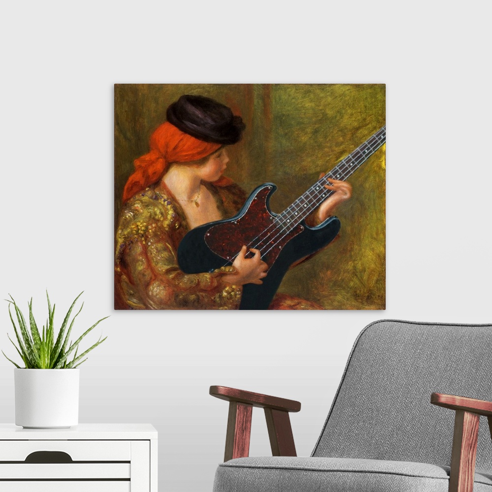 A modern room featuring A modern take of the painting Young Spanish Woman with a Guitar by  Pierre Auguste Renoir.
