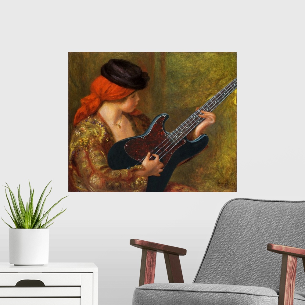 A modern room featuring A modern take of the painting Young Spanish Woman with a Guitar by  Pierre Auguste Renoir.