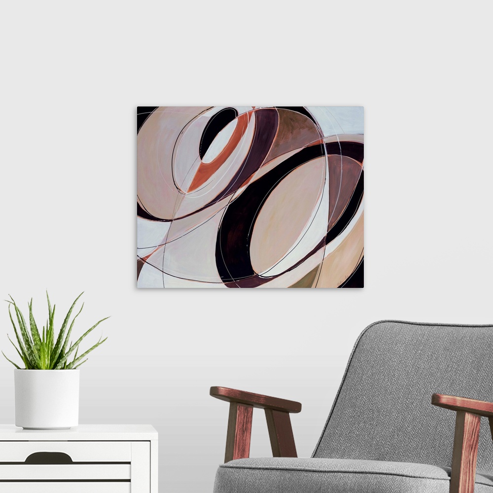 A modern room featuring Giant, horizontal, contemporary artwork of multiple, intersecting, circular patterns in several c...