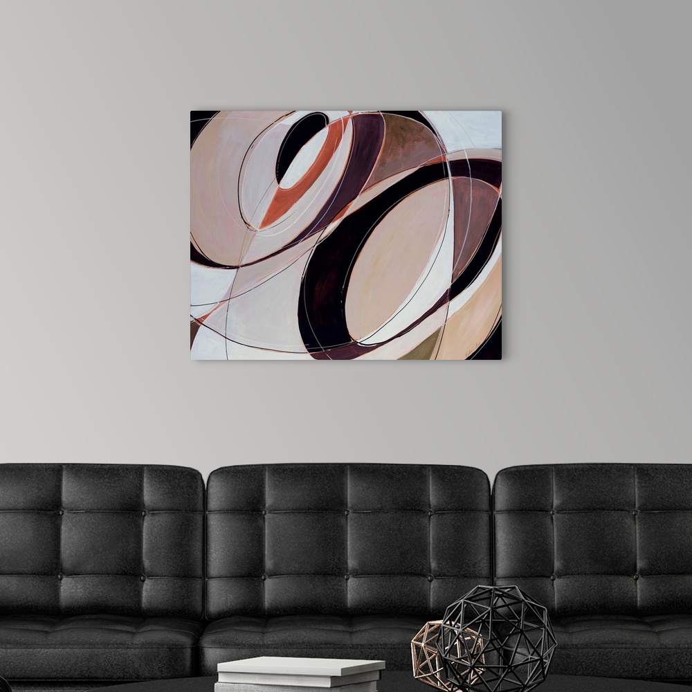 A modern room featuring Giant, horizontal, contemporary artwork of multiple, intersecting, circular patterns in several c...