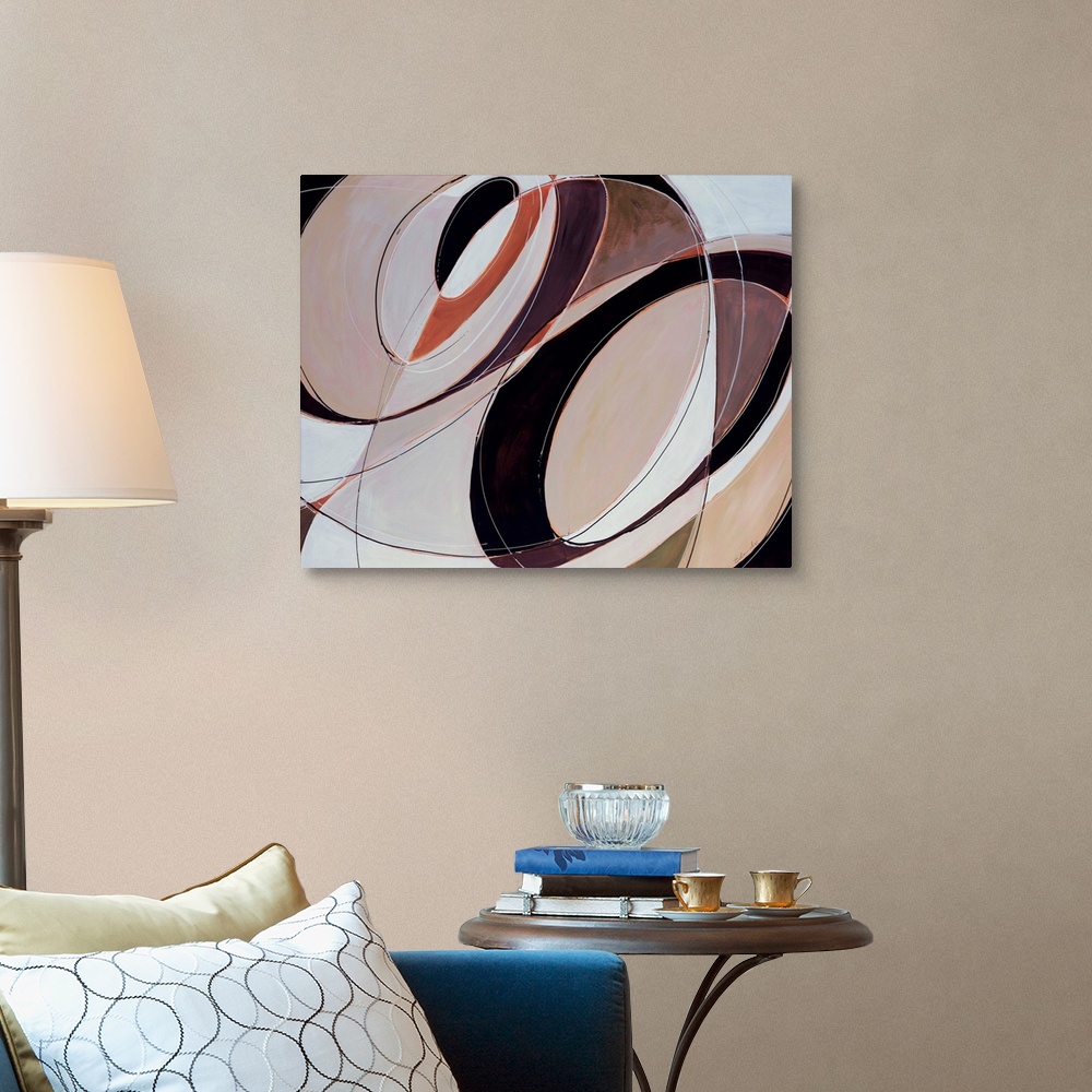 A traditional room featuring Giant, horizontal, contemporary artwork of multiple, intersecting, circular patterns in several c...